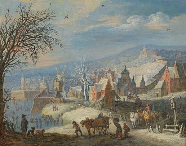 A winter landscape with a cart and a waggon, a hunter and his dogs and figures skating below a town