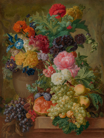 Still life of a peony, poppies, an iris, a carnation, hollyhocks and other flowers in a vase, with fruit on a marble ledge in a vase, with fruit on a marble ledge