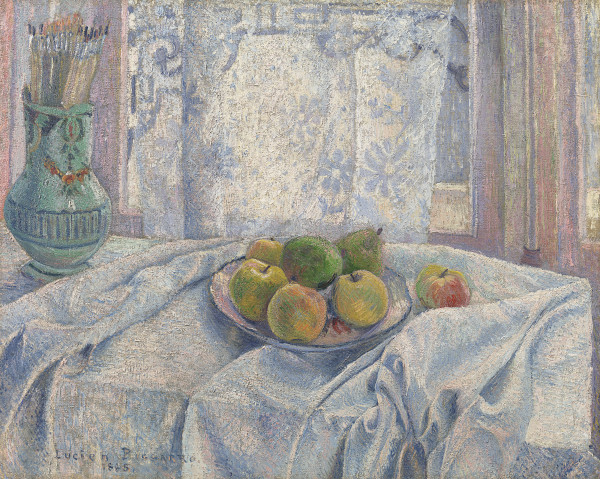 Apples on a tablecloth against a lace-curtained window