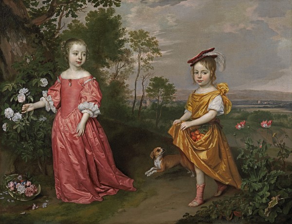 Portrait of two children in a landscape, with their dog by their side