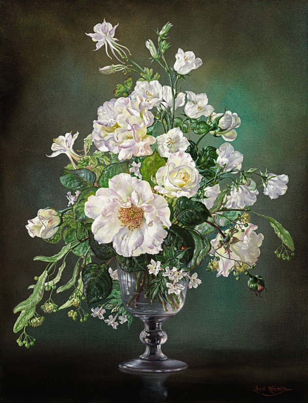 Still life of white flowers in a glass goblet