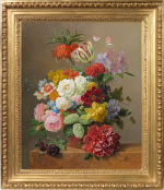Arnoldus Bloemers - Still life with roses, peonies, tulips and other flowers in a vase on a marble ledge