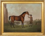 Charles Towne - Mr Thomas Ewart's bay racehorse held by a trainer in the grounds of his country house, Everton