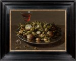 Osias Beert The Elder - Still life of a pewter plate of hazelnuts and walnuts, a facon-de-Venise glass of red wine and a Red Admiral butterfly (Vanessa atalanta) on a table top