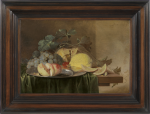 Jan Davidsz. de Heem - Still life on a wooden table partly covered with a dark green cloth with a peach, grapes, cherries and lemon