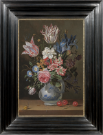 Jacob Marrell - Still life of tulips,roses, irises, a narcissus, stocks and other flowers in a blue and white vase, with cherries and a snail on a ledge