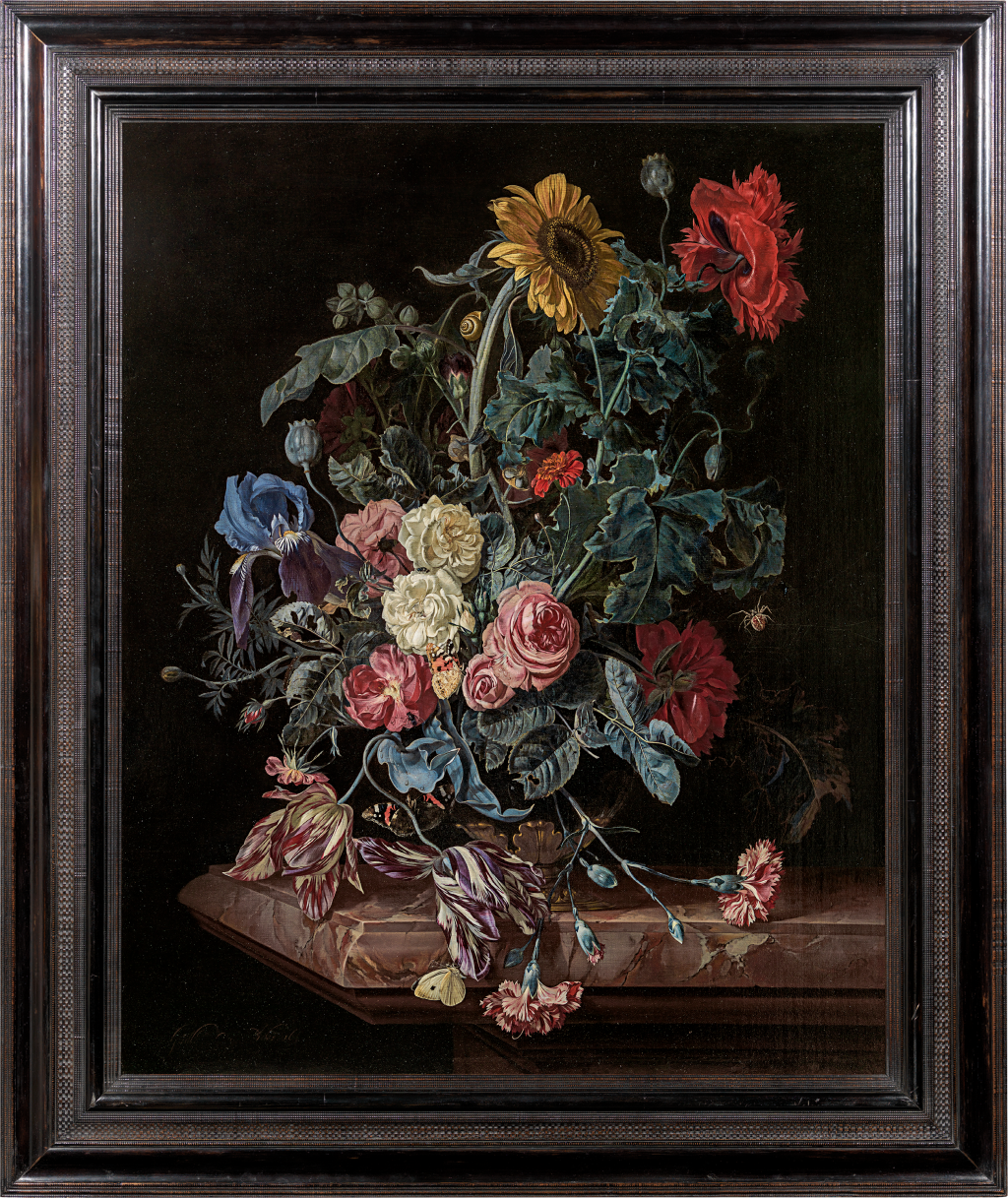 Willem van Aelst - Still life of flowers in an ornamental glass vase on a stone ledge with butterflies, a snail and a spider