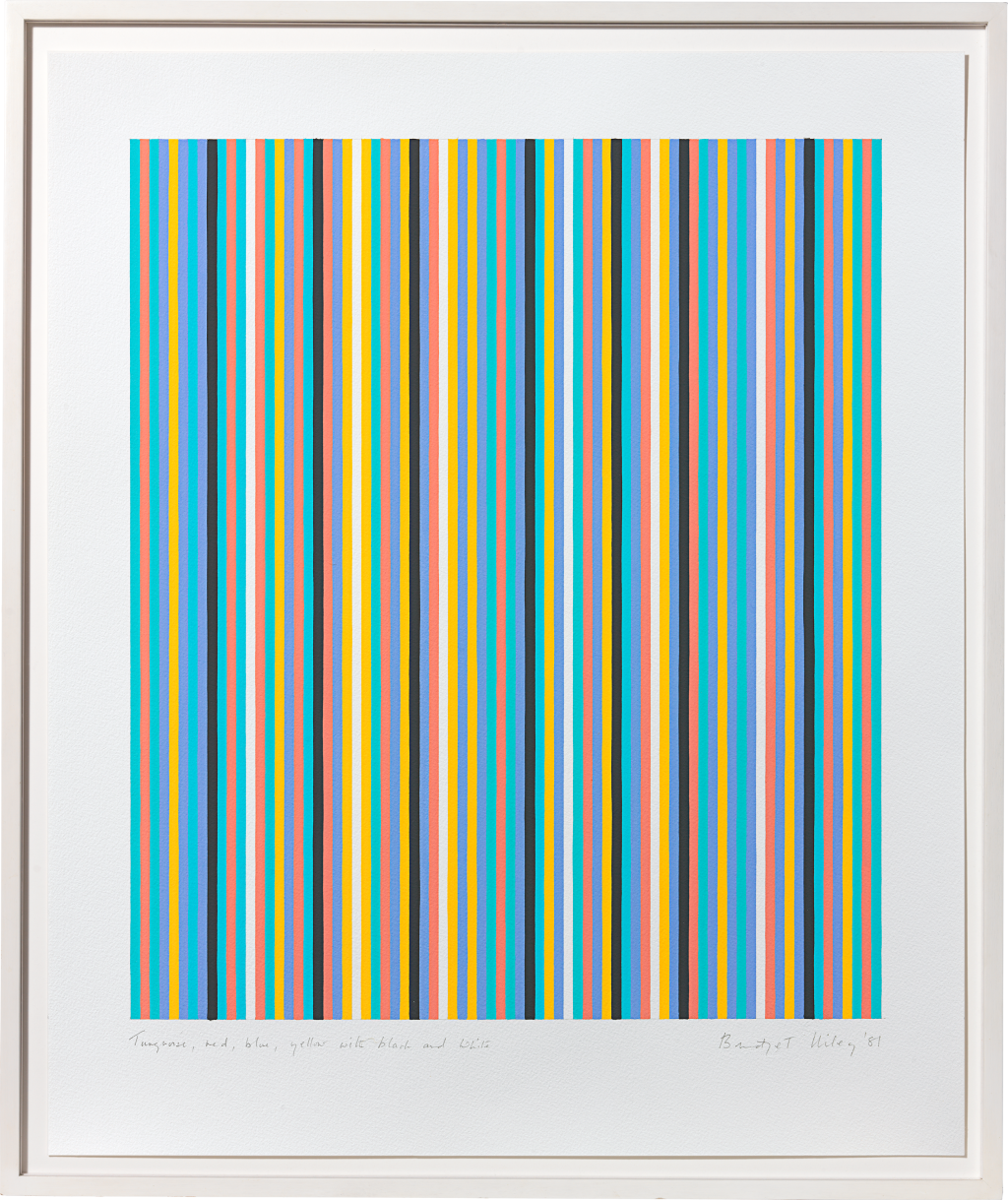 Bridget Riley - Turquoise, red, blue, yellow with black and white