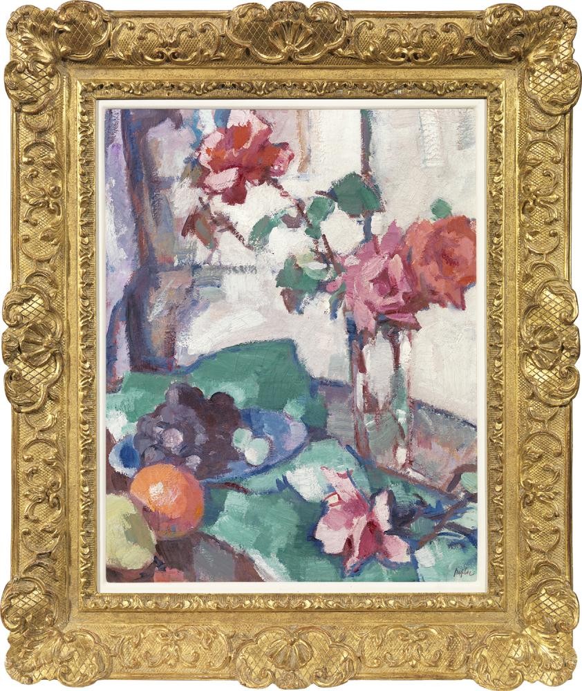 Samuel John Peploe - Still Life of roses with a green tablecloth