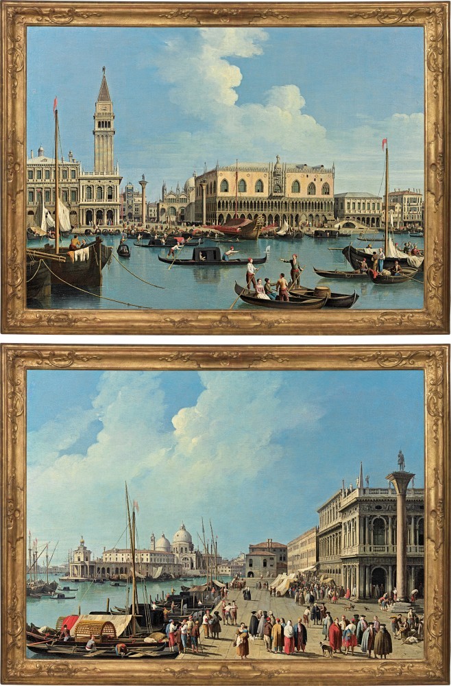 Giovanni Battista Cimaroli - Venice: view of the Molo with the Piazzetta, the Palazzo Ducale, the Zecca and the Libreria Sansoviniana; Venice: view from the Molo look towards the Dogana and Santa Maria della Salute