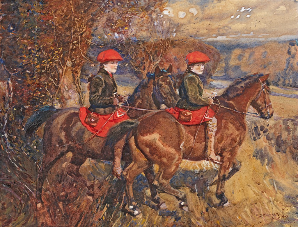 Sir Alfred Munnings - Hazel Mary Buxton on Blackie and Rose Buxton on Micky hunting with the Dunstan Harriers, Autumn 1906