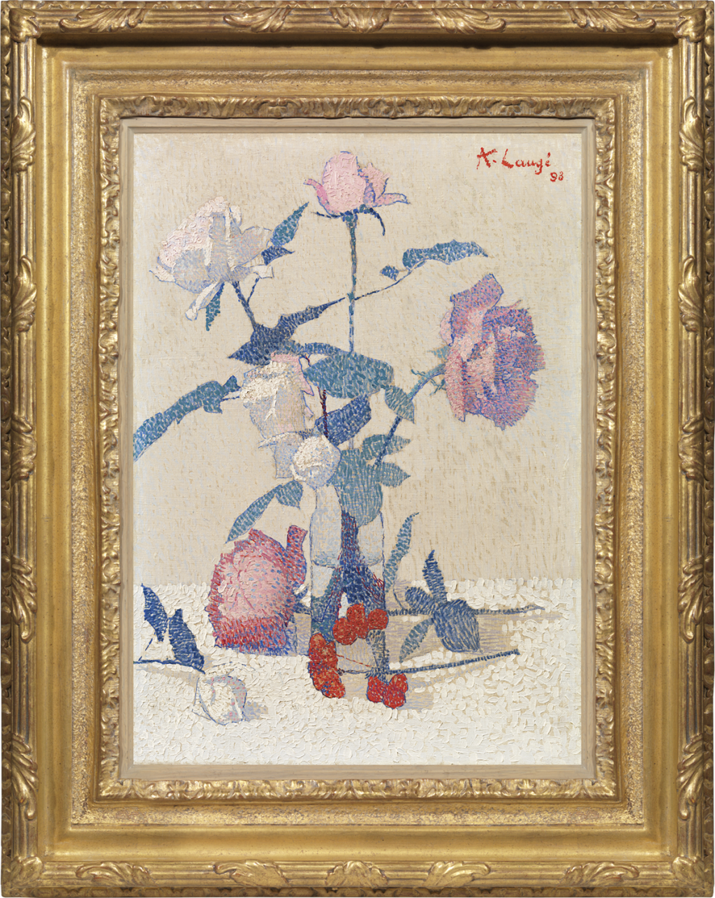 Achille Laugé - Roses dans un verre d'eau, une fleur de géranium