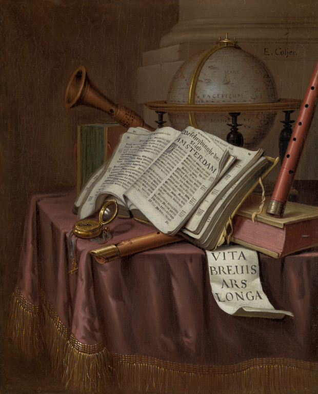 Edwaert Collier - Still life with a terrestrial globe, a watch, musical instruments and books on a table covered with a mauve silk cloth