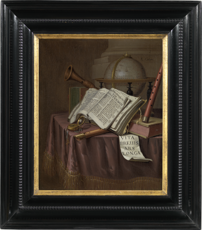 Edwaert Collier - Still life with a terrestrial globe, a watch, musical instruments and books on a table covered with a mauve silk cloth