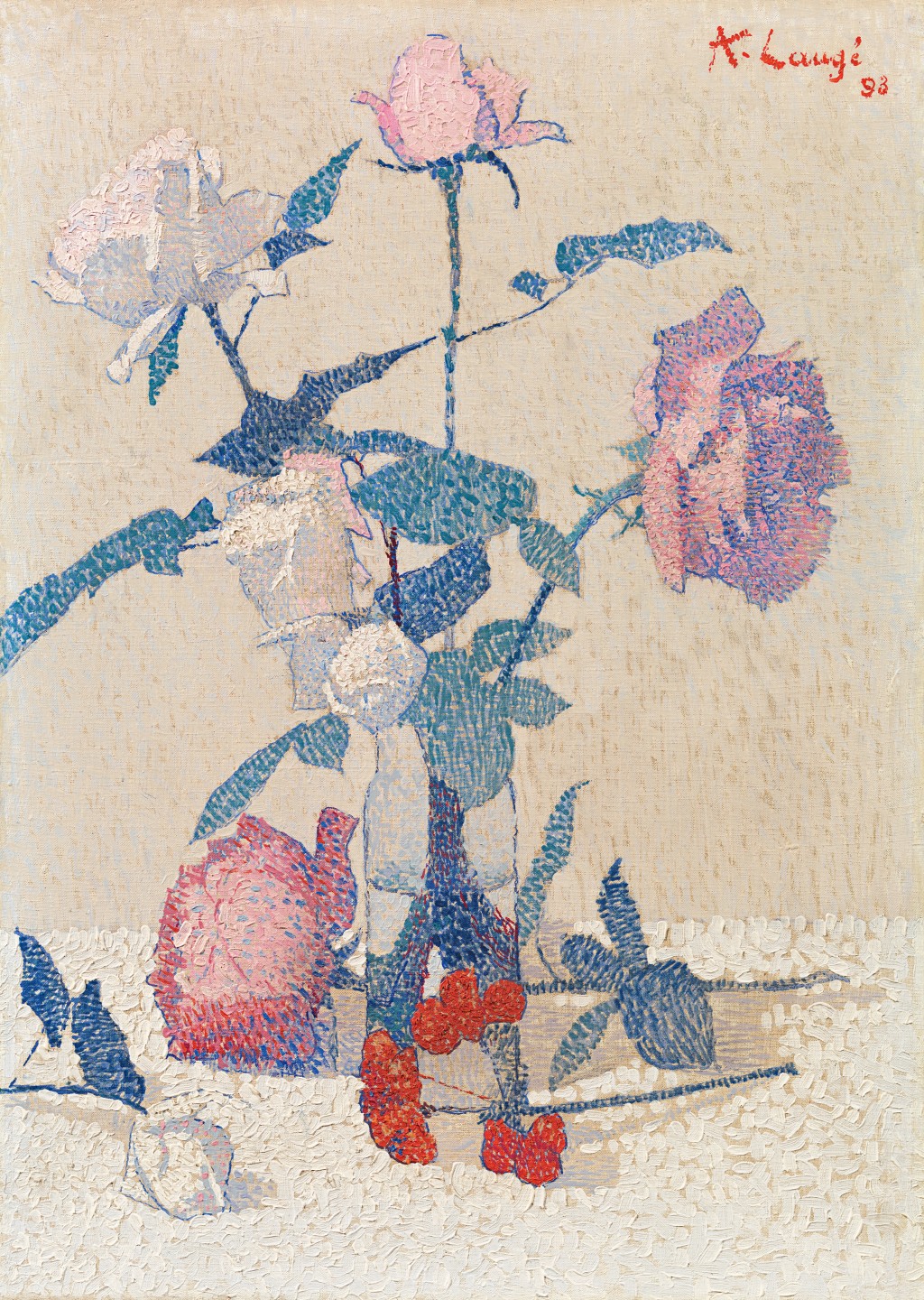 Achille Laugé - Roses dans un verre d'eau, une fleur de géranium