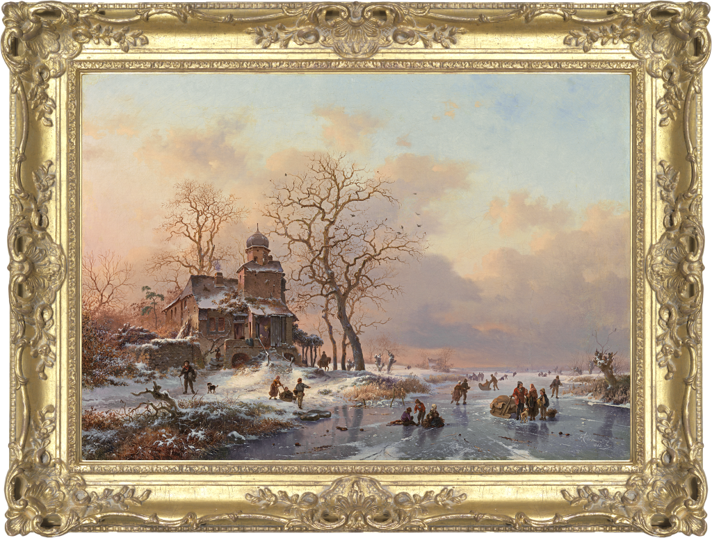 Fredrik Marinus Kruseman - Winter scene with skaters on a frozen river