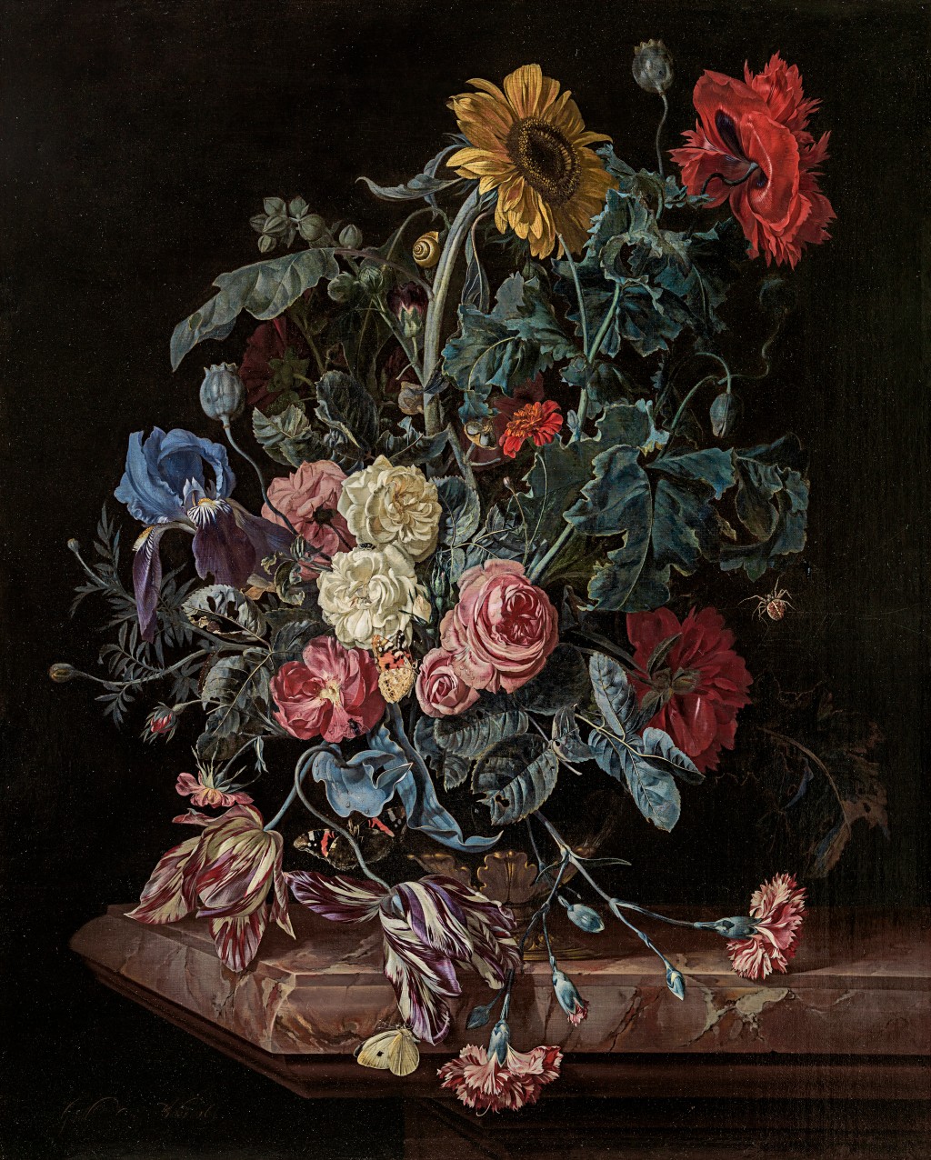 Willem van Aelst - Still life of flowers in an ornamental glass vase on a stone ledge with butterflies, a snail and a spider