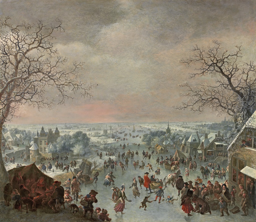 Jan Griffier - A winter landscape with figures skating and merrymaking by a tavern