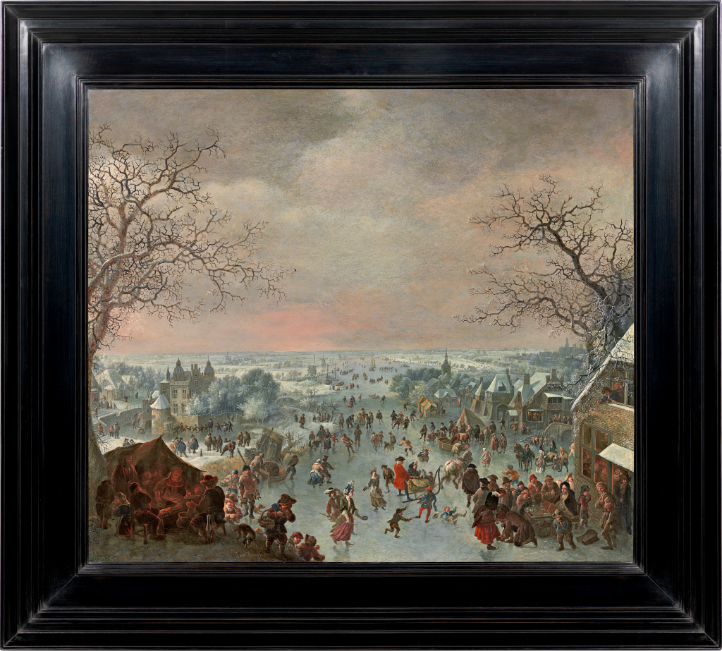 Jan Griffier - A winter landscape with figures skating and merrymaking by a tavern
