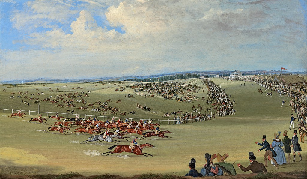 James Pollard - The Derby, Epsom, 23rd May 1833: here they come, passing Tattenham Corner