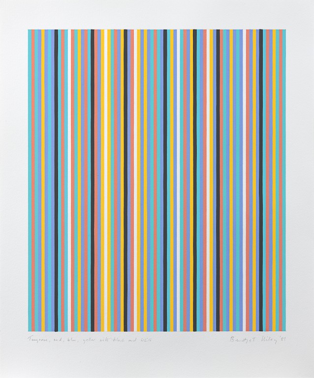 Bridget Riley - Turquoise, red, blue, yellow with black and white