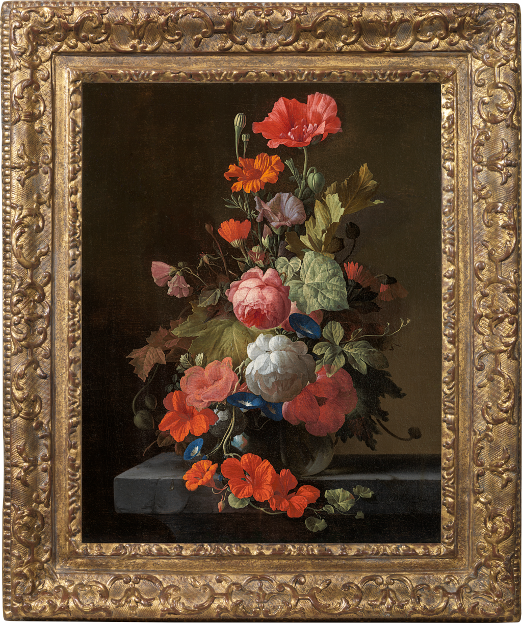 Elias van den Broeck - Still life of roses, poppies, morning glories, nasturtiums and other flowers with ants in a glass vase