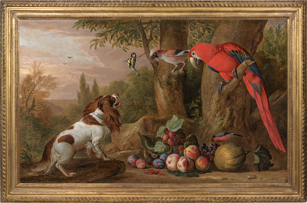 Jacob Bogdani - A King Charles spaniel with a scarlet macaw, jay and blue tit, with fruit in a park landscape