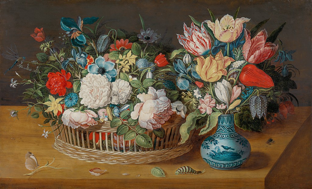 Osias Beert The Elder - Still life of flowers in a reed basket and a Wanli porcelain vase on a ledge