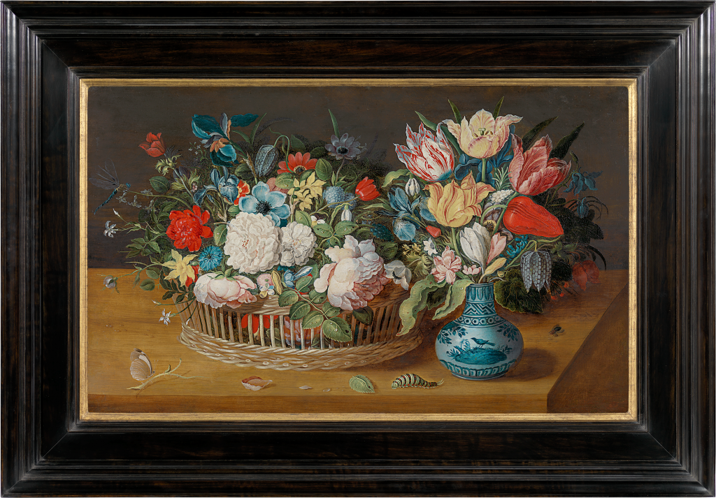 Osias Beert The Elder - Still life of flowers in a reed basket and a Wanli porcelain vase on a ledge