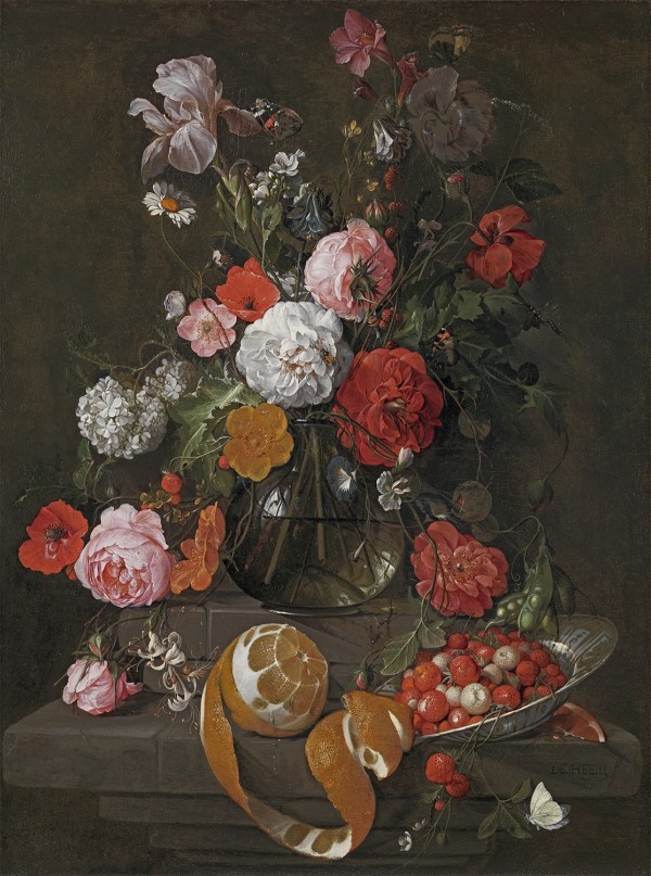 Still life of roses, poppies, an iris and other flowers in a glass vase on a stone shelf, with a peeled orange and strawberries in Wanli dish