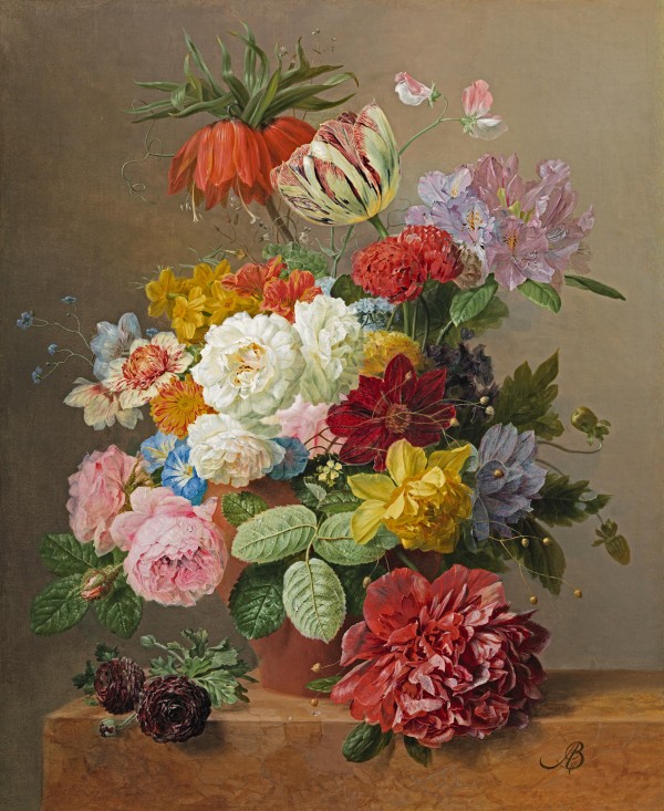 Still life with roses, peonies, tulips and other flowers in a vase on a marble ledge
