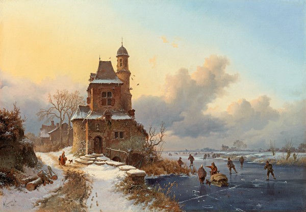 Fredrik Marinus Kruseman - Winter landscape with skaters