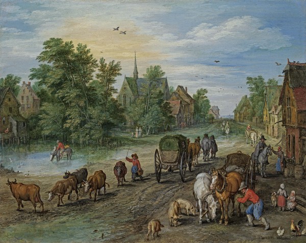 A village street with travellers