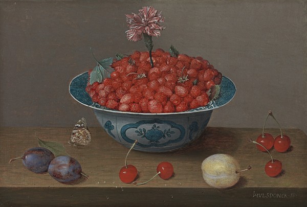 Still life of strawberries and a carnation