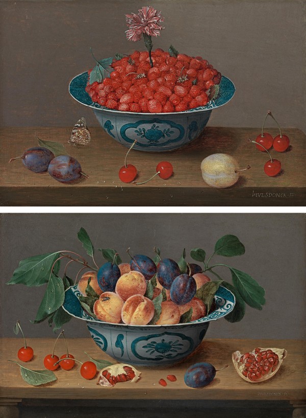 Still life of strawberries and a carnation in a Wanli porcelain bowl, with plums, cherries, an apricot and a Painted Lady butterfly (Vanessa cardui) on a wooden table