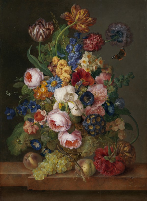 Flowers with a Red Admiral, a bee and other insects in a sculped urn