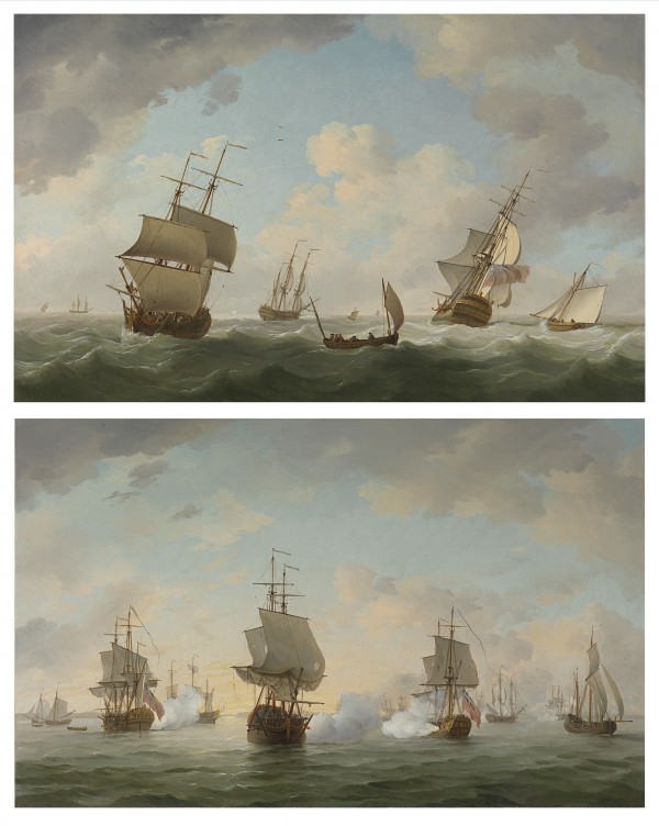 The English privateer squadron known as the 'Royal Family' engaging enemy ships; A merchant snow, two of the King's ships-of-war, a lugger and a cutter in the Channel