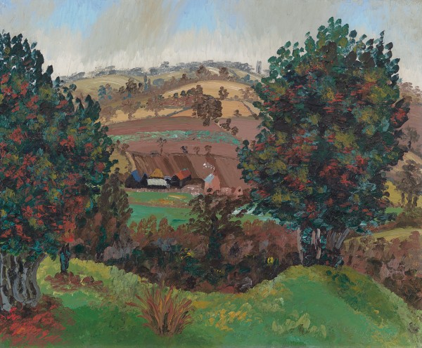 A Suffolk landscape with Steps Farm and Stoke-by-Nayland church