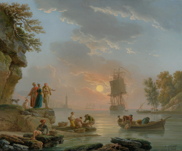 Claude-Joseph Vernet - A Mediterranean port at sunset with fishermen landing their catch and a British man-of-war at anchor