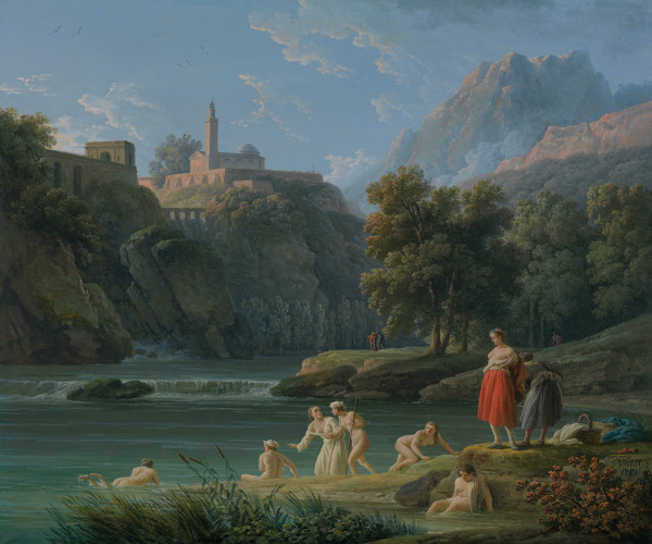 A mountainous landscape with young women bathing in a river