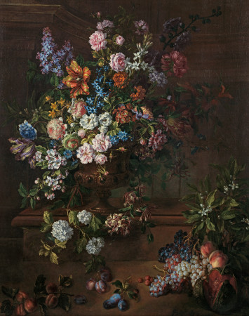 Flowers in a gilt urn with fruit on a ledge
