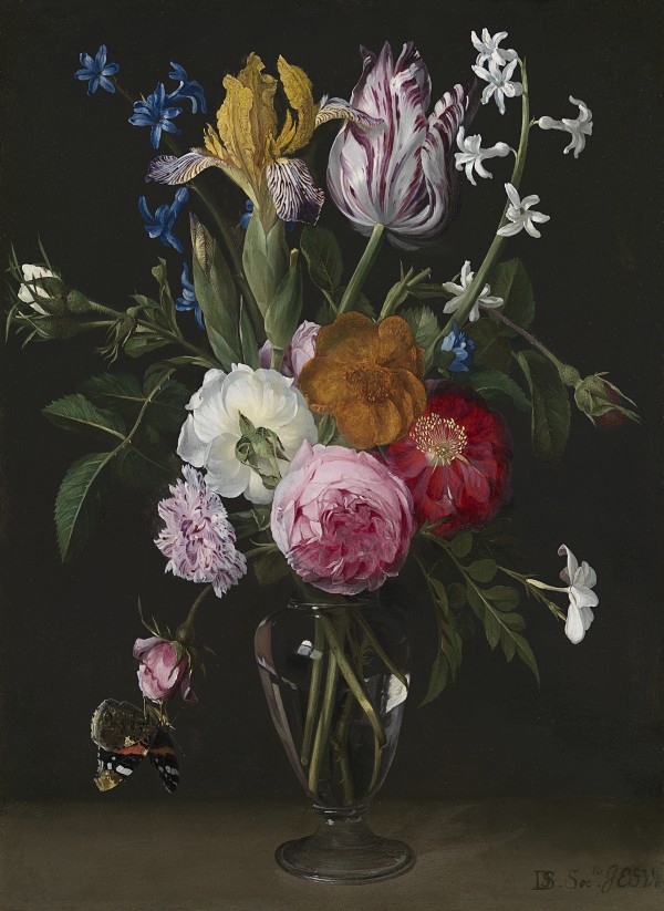 Still life of roses, irises, hyacinths, jasmine and a carnation in a glass vase, with a Red Admiral butterfly (Vanessa atalanta)