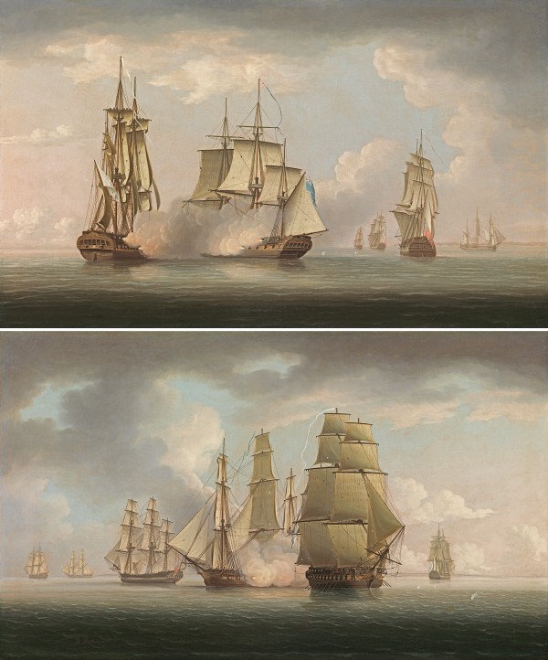 The Bristol privateer, Caesar, Captain Valentine Baker, engaging a 32-gun French frigate in the Bristol Channel on 27th June 1782