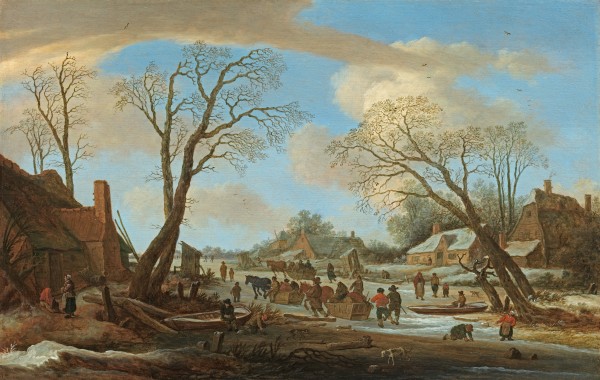 A winter village landscape with peasants on a frozen waterway