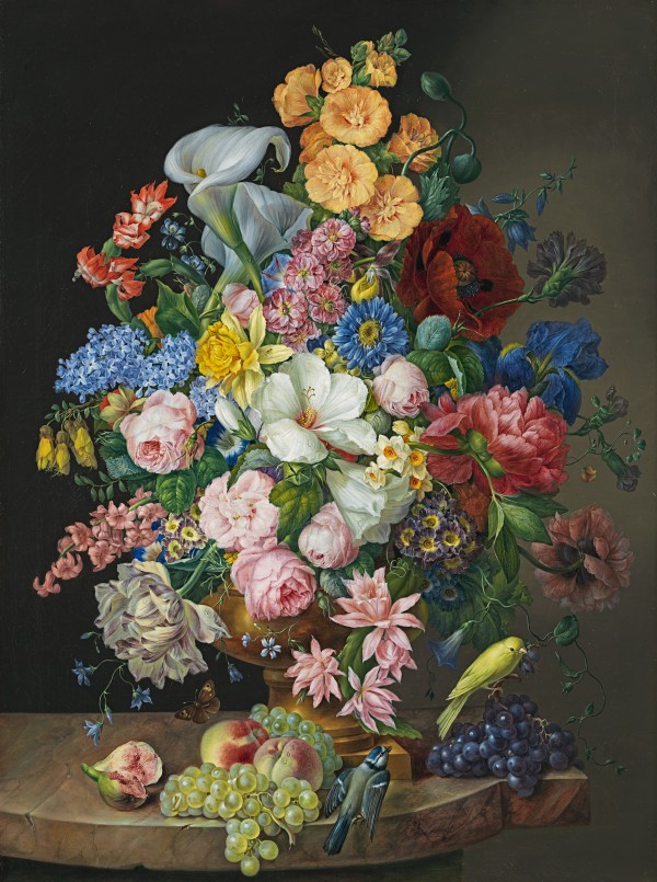 Still life of roses, arum lilies, a peony, lilac, hollyhocks and other flowers in an urn, with a bluetit, a canary and a Meadow Brown butterfly (Maniola jurtina) and fruit on a marble ledge