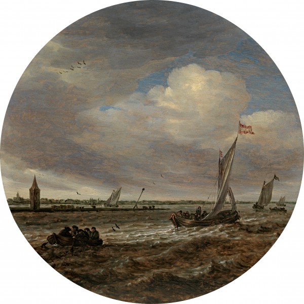 A choppy sea with boats and a tower on a spit of land