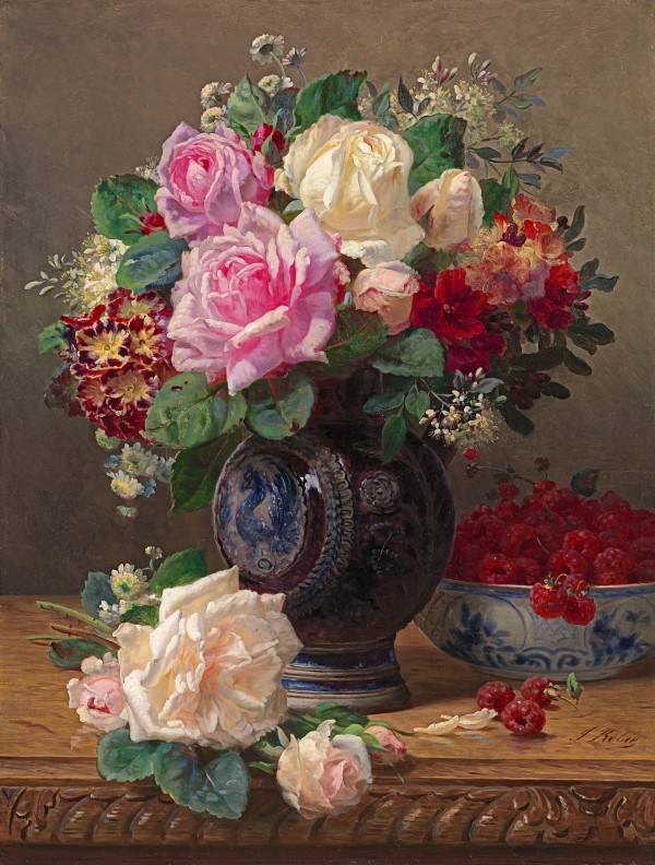 Still life with roses and a bowl of raspberries