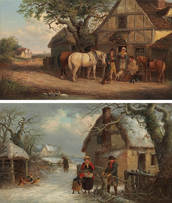 Horses and ponies outside an inn, with travellers resting; A winter scene with a woodcutter outside a cottage