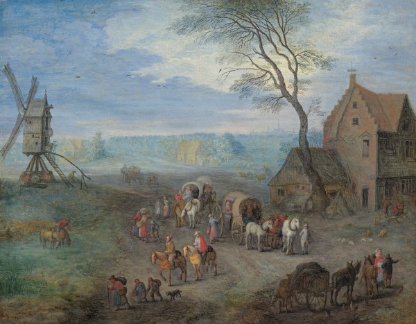 A village scene with travellers by a windmill