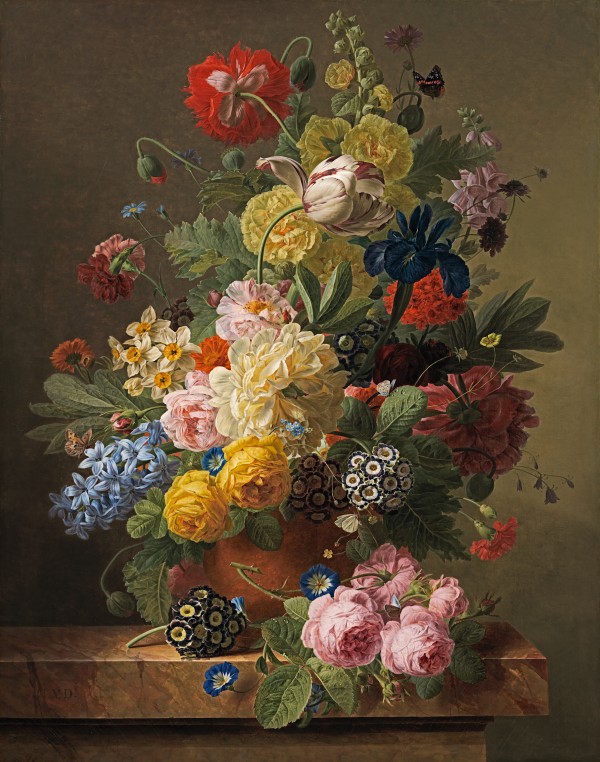 Still life of poppies, a tulip, hollyhocks, roses, peonies, auriculas and other flowers in a terracotta vase on a stone ledge